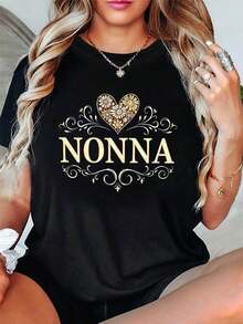 Women's Size T-Shirt With Graphic Print NONNA, Short Sleeves And Round Neck, Casual Top For Summer And Spring, Women's Clothing - 黑色 - 查看 1
