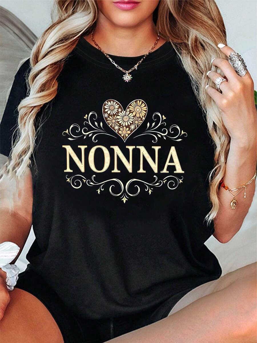 Women's Size T-Shirt With Graphic Print NONNA, Short Sleeves And Round Neck, Casual Top For Summer And Spring, Women's Clothing - 黑色 - 查看 1