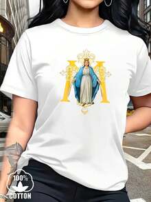 Women's Pure Cotton Religious Casual T-Shirt - Short Sleeve, Round Neck, Blue And White Design With Gold Details, Versatile For Everyday Wear, Outings, And Gifts, Everyday Wear T-Shirt | Religious Print T-Shirt | Comfortable Tops For Women - 白色 - 查看 7