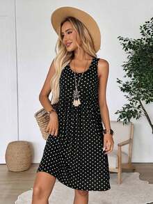 Vestido corto de verano para mujer de unicolor simple, cuello redondo, plisado y sin mangas - Negro - Ver 7