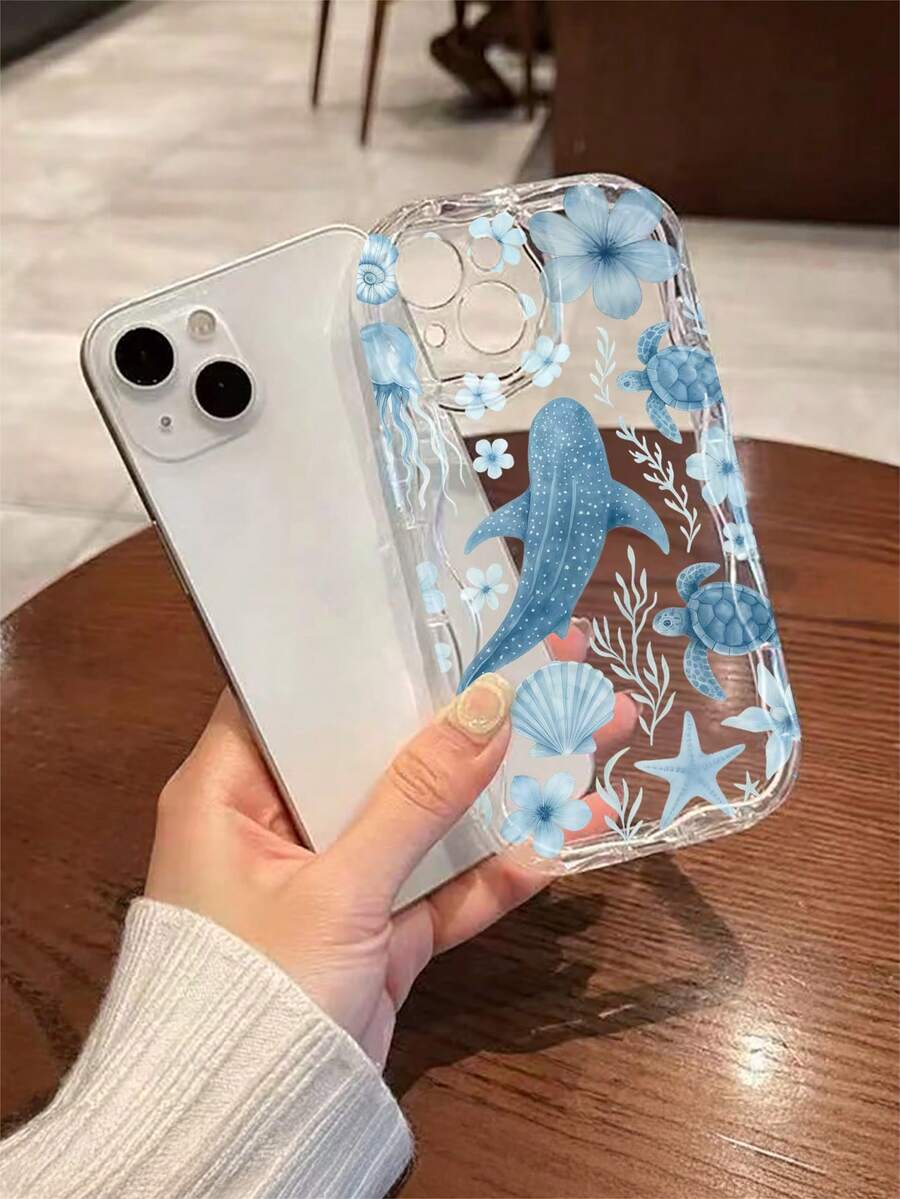 1个鲸鱼和海龟海洋图案奶油色透明防摔手机壳，TPU材质，适合作为节日礼物，兼容苹果Xs/Xsmax/Xr/11/12/13/14/15/16pro/Promax/14/15/16plus/17，男女通用 - 彩色 - 查看 1