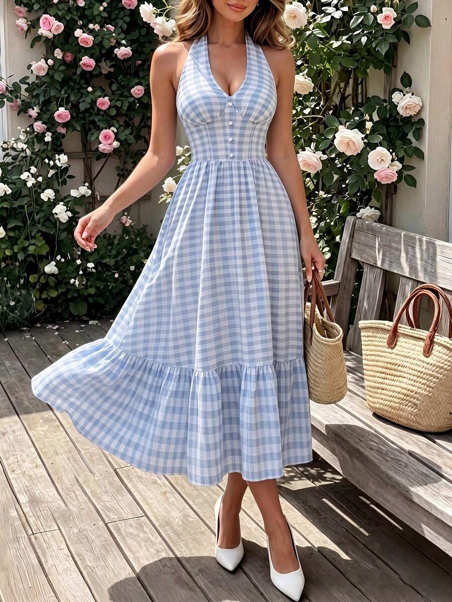 Perirose Vestido azul y blanco a cuadros sin mangas de longitud media para mujer, vestido fluido de línea A de múltiples capas con estilo, conjunto casual de primavera 2026 - Celeste - Ver 1