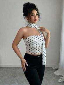 Elegante top de camisola plisada con bufanda de malla para mujeres - Blanco - Ver 4