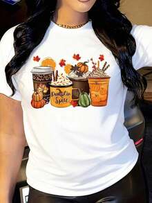 Camisetas de mujer con estampado de hojas de calabaza, estrellas naranjas, ramas de canela y rodajas de naranja. - Blanco - Ver 6