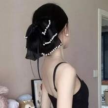 1个女士超仙女丝带蝴蝶结爪夹（珍珠数量随机）女士后脑勺森林风半扎发夹头饰发卡 - 黑色 - 查看 9