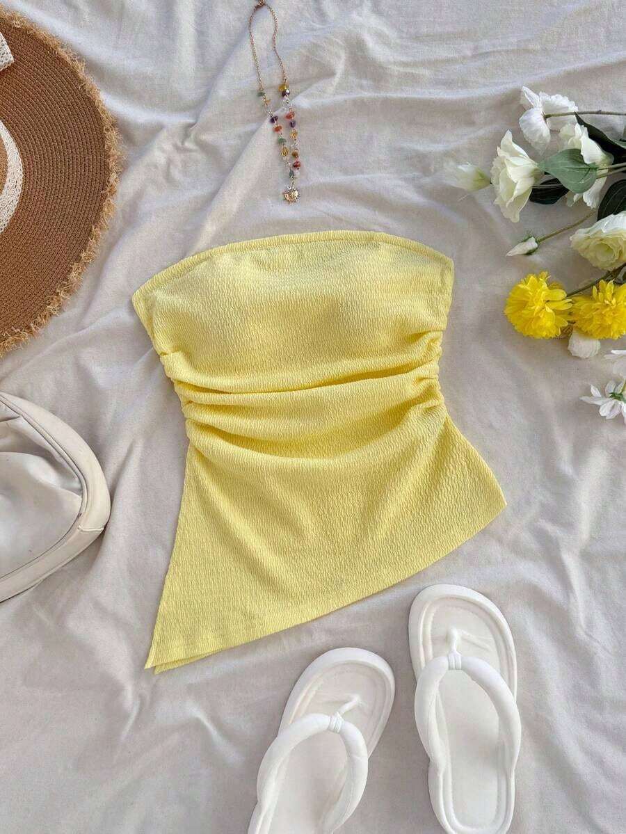 Top tubo de mujer para vacaciones color rosa claro vintage con bajo asimétrico, abertura lateral fruncida, ajustado, sexy para fiesta, cita de San Valentín, té de la tarde, vacaciones urbanas - Amarillo - Ver 1