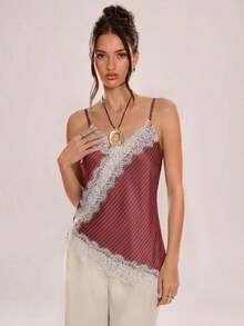 Top de tirantes asimétrico con bajo cruzado de encaje, espalda descubierta con tirantes exquisitos, top tipo camisola con parche en el pecho estilo Kendall 2026 para mujer, elegante para usar en primavera y otoño, color marrón, apropiado para ofici - Burdeos - Ver 6