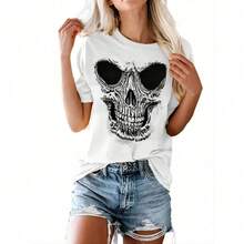 Camisa de calavera para mujer, camisetas gráficas de esqueleto vintage, camisetas góticas punk rock, camisetas novedosas de terror para Halloween, camisetas - Blanco - Ver 9