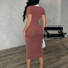 Women's Casual Minimalist Fashion Commuter Style Short Sleeve Black & White Striped Polo Dress, Knit High Stretch Fitted Mid-Length Dress, French Elegant Dress V Neck Striped Dress Striped Bodycon Dress Curve Casual Dress V Neck Dresses Women Bodycon Summer Dress - Café integral - Ver 3