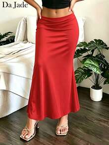 Da Jade Women Autumn Elegant High Waist Midi Mermaid Skirt Back Ruched Detail Soft Knit Fabric Slim Fit Flared Hem For Daily Commute Cocktail Holiday - Red - View 2