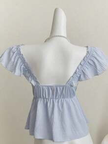 Top corto de camisola con escote bajo y espalda descubierta, con manga tipo gorra y volantes en azul, diseño sexy - Azul - Ver 2