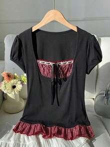 Blusa de verano elegante con volantes en el bajo, estampado de flores diminutas y parches - Multicolor - Ver 4