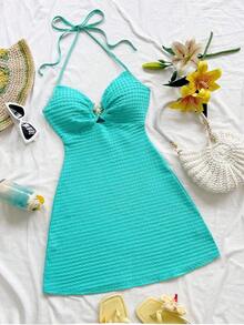 Vestido mini con textura, escote en V, decoración de estrella de mar metálica, cuello con lazo, espalda descubierta, ideal para vacaciones, citas, té de la tarde, días festivos, festivales de música, estilo bohemio - verde menta - Ver 7