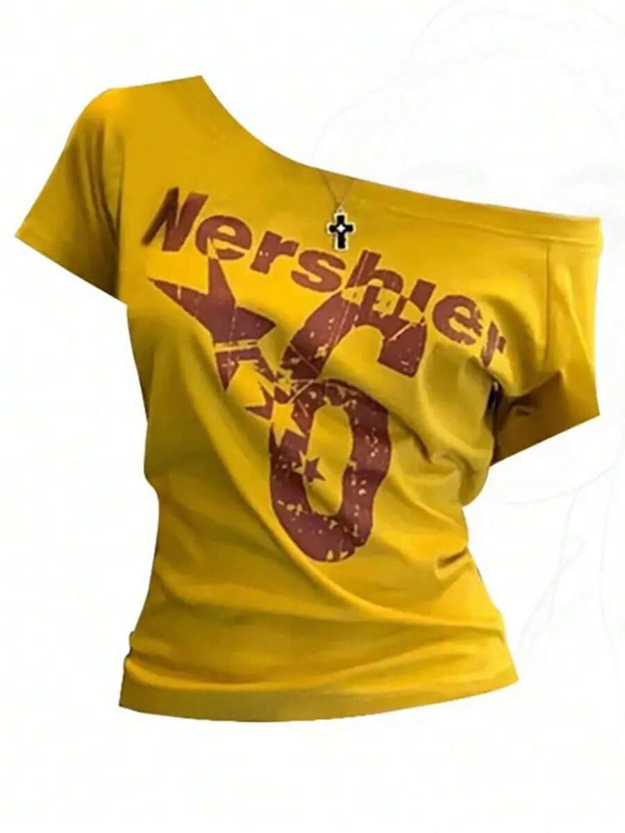 Verano Y2k deporte fuera del hombro Top mujeres Sexy Vintage 2000s Camiseta de manga corta señora cuerpo básico Crop Top mujer Casual - Amarillo - Ver 1