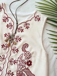 Chaleco ligero de mujer con bordado floral y de loro, chaleco bohemio, chaleco floral, estilo casual de mujer, atuendo para salir, atuendos elegantes, estilo campestre para mujer, atuendos casuales, chaleco elegante - Rojo y blanco - Ver 6