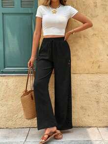 Frenchy Pantalones anchos de pierna ancha con cordón en la cintura, de unicolor y con corte láser, estilo casual de vacaciones para mujer - Negro - Ver 4