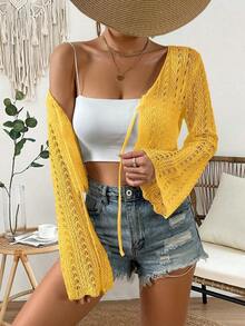 Cárdigan de punto calado de color liso casual para vacaciones - Mostaza Amarilla - Ver 6