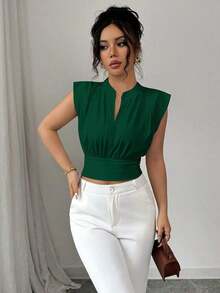 Nueva camiseta sin mangas ajustada para mujer con cuello alto de punto, media cremallera frontal y estilo informal - Verde - Ver 5