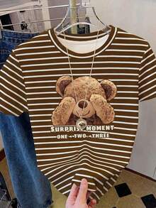 Camiseta casual de mujer con estampado de oso a rayas, verano - Café integral - Ver 1