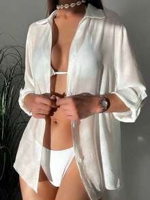Swim Vcay Cárdigan Tipo Kimono De Manga Enrollada De Color Liso Para Mujer Carnaval - Blanco - Ver 4