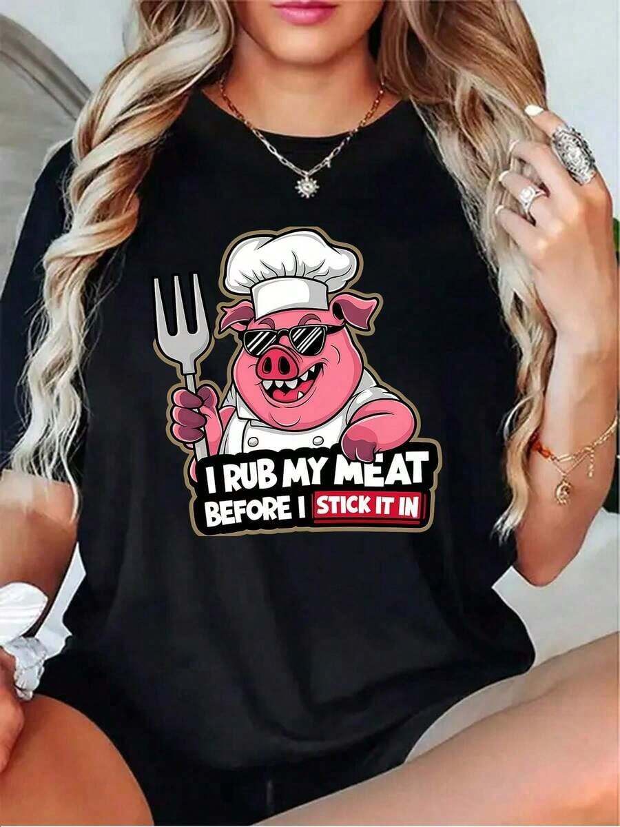 Chef Cerdo Con Tenedor Y Gafas De Sol Me froto la carne antes de ponerla en la camiseta de mujer Negro, Gris, Blanco, Albaricoque Claro, Rojo Oscuro - Negro - Ver 1