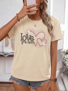 Women's Casual Short Sleeve Round Neck Shirt With Love Design; Blouses For Women, Women's T-Shirts, Casual Blouses For Ladies - 杏 - 查看 2
