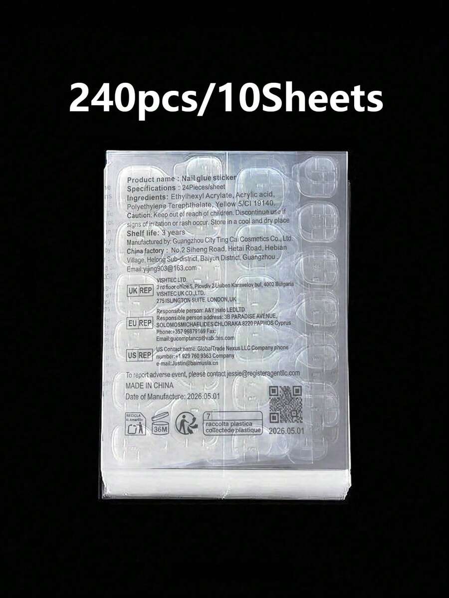 240pcs/10sheets Double-Sided Adhesive Nail Stickers, Transparent Waterproof DIY Nail Gel Stickers - Black - View 1