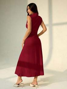 Vestido maxi de línea A con cuello mao, sin mangas, fruncido, color blanco, nuevo para el Día de San Valentín.Elegante y romántico atuendo para citas y trabajo, vestidos de verano para mujer - Rojo - Ver 2