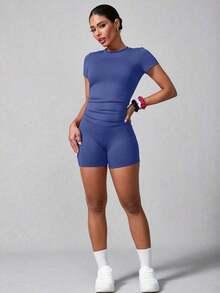 Conjunto deportivo de verano para mujer de unicolor simple con pantalón corto y manga corta - Azul marino - Ver 8