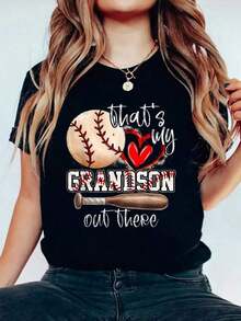That's My Grandson Out There, Grandmother's Day Baseball T-Shirt, Women's Cotton Graphic Tee, Crew Neck, Short Sleeve, Casual Style. - 黑色 - 查看 6
