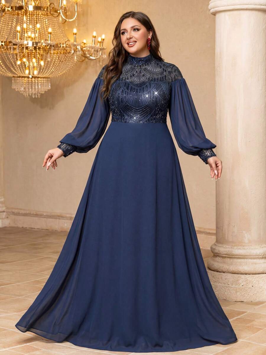Đầm dạ hội nữ SUPGIR cổ đứng tay phồng đính sequin và vải chiffon. - Màu xanh hải quân - Xem 1