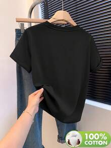 Women's 100% Cotton Embroidered Short-Sleeved T-Shirt With A Round Neck, Made From Soft, Skin-Friendly, Breathable, And Comfortable Fabric. Ideal For Year-Round Wear, Perfect For Casual Outings, Machine Washable, And Ideal For Art And Design Lovers With A Unique Style. - 黑色 - 查看 3