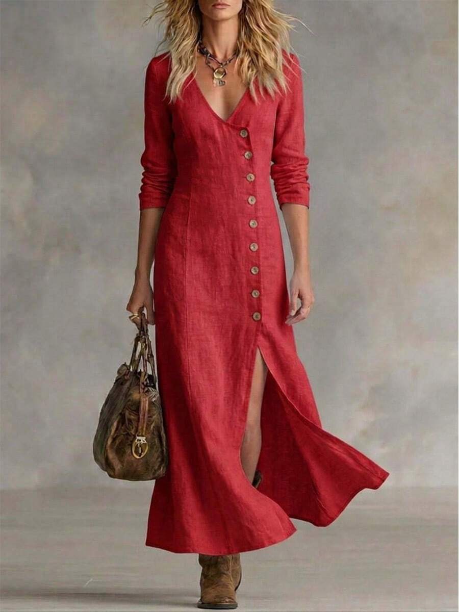 Women's Long Sleeve Cotton Linen Dress 2026 Spring Summer, Modern Casual Style A-Line Cut With Front Buttons, Breathable And Lightweight - 紅色 - 查看 1