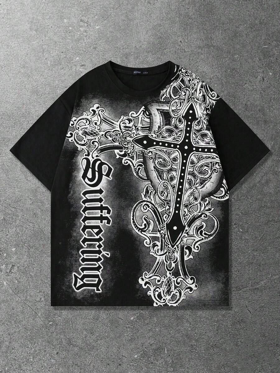 ROMWE MEN Street Life Primavera/Verano, Camiseta Casual de Manga Corta para Hombre con Estampado Gráfico Vintage de Silueta Urbana, Estilo Años 2000 - Negro - Ver 1