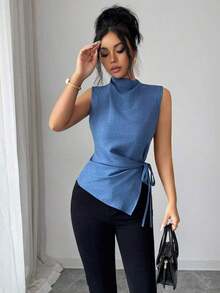 Camisa sin mangas elegante para mujer con tela de aspecto de mezclilla, cuello alto, cintura fruncida, bajo asimétrico, color azul elegante para uso casual diario, primavera/verano - Azul - Ver 6