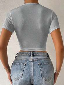 Camiseta casual de mujer con pliegues delanteros y cordón ajustable y sexy - Gris - Ver 2