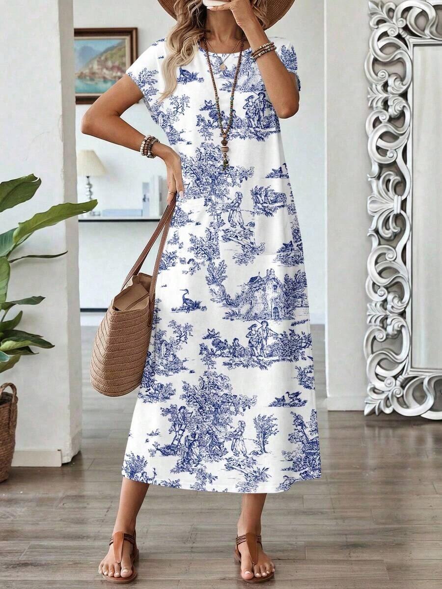 Vestido casual de mujer con estampado floral y manga corta, ideal para vacaciones de verano - Multicolor 4 - Ver 1