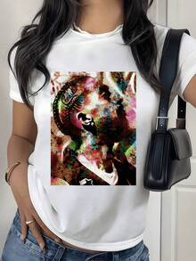 Retrato abstracto con tonos vibrantes que fusionan energía urbana y arte contemporáneo expresando fuerza interior y libertad creativa camiseta de mujer casual moderna ideal para uso diario y looks originales - Blanco - Ver 1