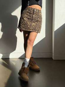 Falda vaquera casual con botones delanteros y bolsillos con estampado de leopardo - Marrón 5 - Ver 2