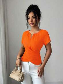 Blusa de manga corta con cuello redondo, estilo envolvente, elegante y casual, con cinturón y cuentas, adecuada para ir al trabajo, citas, y uso durante todo el año en primavera/verano.Blusa elegante para damas, apropiada para fiestas, citas, oficina, negocios, vida diaria en primavera/verano, temporada de graduación, Día del Maestro, vuelta al colegio, Acción de Gracias.Blusa de manga corta para uso diario, de unicolor con cuentas. - Naranja - Ver 4