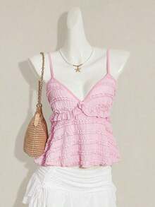 Blusa de tirantes de mujer con volantes de tela texturizada de unicolor para el verano y vacaciones - Rosa Pálido - Ver 1