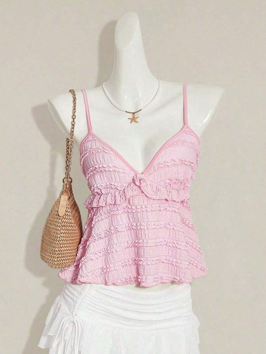 Blusa de tirantes de mujer con volantes de tela texturizada de unicolor para el verano y vacaciones - Rosa Pálido - Ver 1