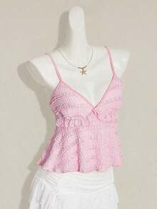 Blusa de tirantes de mujer con volantes de tela texturizada de unicolor para el verano y vacaciones - Rosa Pálido - Ver 7