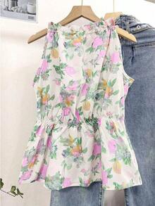 Blusa casual versátil de uso diario con estampado floral y pliegues para mujer - Morado - Ver 7