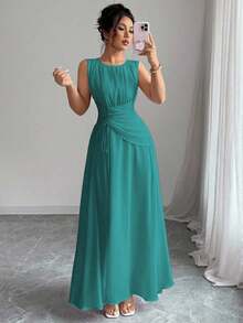 Vestido maxi casual, romántico, vintage y elegante de gasa para mujer con cordón en la cintura, para la playa, el té de la tarde, fiestas de noche, uso diario, sin mangas, de unicolor, vestido largo, primavera/verano - Agua verde azul - Ver 1