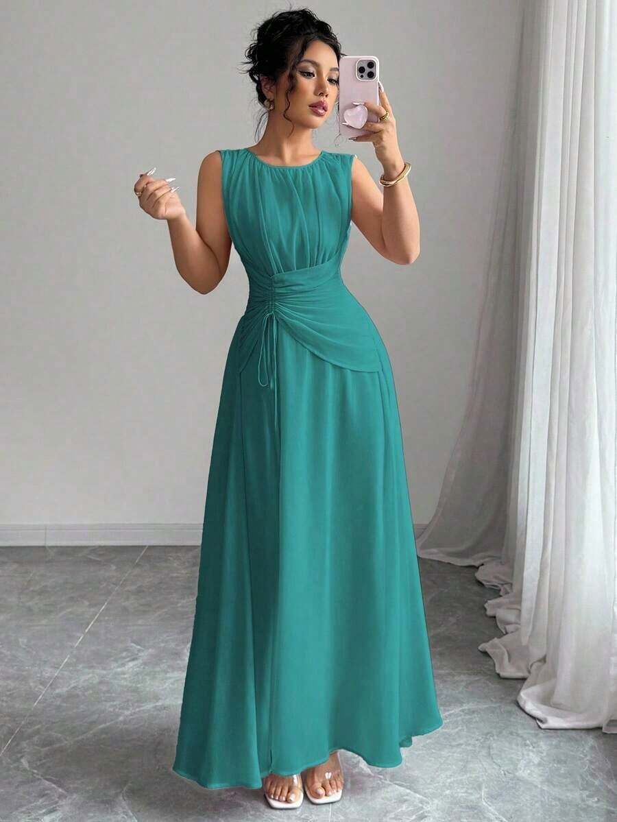 Vestido maxi casual, romántico, vintage y elegante de gasa para mujer con cordón en la cintura, para la playa, el té de la tarde, fiestas de noche, uso diario, sin mangas, de unicolor, vestido largo, primavera/verano - Agua verde azul - Ver 1