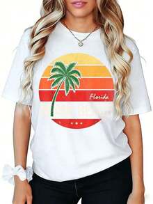 Women's Plus Size Florida Miami Beach Print T-Shirt, Casual Short Sleeve Crew Neck T-Shirt, Lightweight, Geometric Print, Vintage Style For Summer Vacation - 白色 - 查看 1