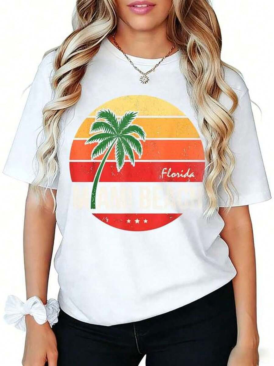 Women's Plus Size Florida Miami Beach Print T-Shirt, Casual Short Sleeve Crew Neck T-Shirt, Lightweight, Geometric Print, Vintage Style For Summer Vacation - 白色 - 查看 1
