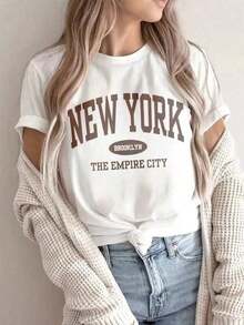 Camiseta de manga corta para mujer, estampada con letras, holgada, informal, para uso diario, versátil y a la moda.Camiseta con Estampado, Top para Mujer, Camiseta Blanca de Vacaciones para el Verano - Blanco - Ver 2