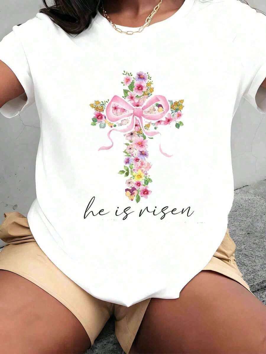 Nueva llegada de verano: Camiseta de manga corta adecuada para ropa de calle, top de cuello redondo de gran tamaño para salidas diarias, campamentos, conciertos, eventos de hip-hop, rock y rap. Camiseta de alta calidad 100% algodón, talla grande, con estampado floral de cruz con lazo rosa y texto "He Is Risen". Camiseta de manga corta para mujer, ropa casual para el Día de Pascua, suave y cómoda. Feliz Pascua. - Blanco - Ver 1